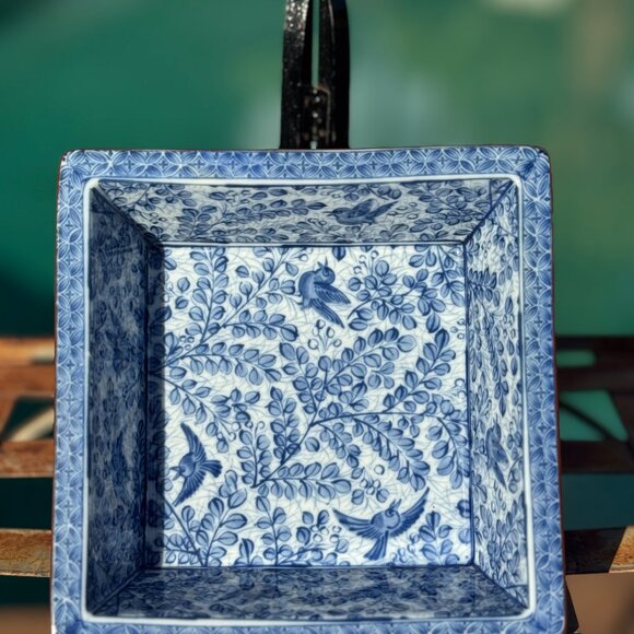 Vintage Japanese Arita Porcelain Square Dish | Blue & White Birds | Signed - Picture 2 of 5